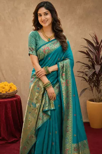 Rama soft silk blend banarasi jacuard work pethani saree with unstitched blouse piece
