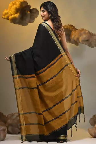 Black cotton handspun soft saree with texture borders