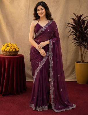 Wine soft shimmer chiffon embroidery work saree with unstitched blouse piece 1