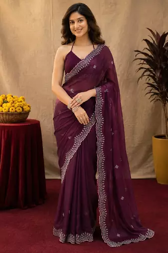Wine soft shimmer chiffon embroidery work saree with unstitched blouse piece