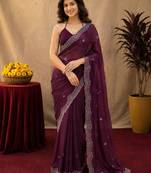 Wine soft shimmer chiffon embroidery work saree with unstitched blouse piece