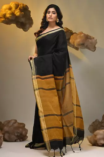Black cotton handspun soft saree with texture borders