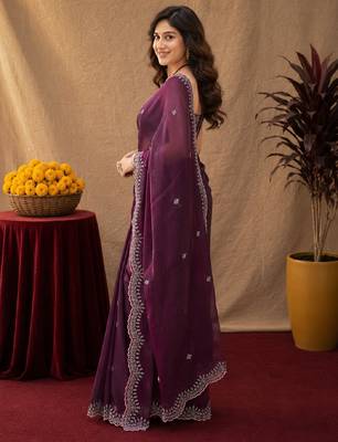 Wine soft shimmer chiffon embroidery work saree with unstitched blouse piece 2