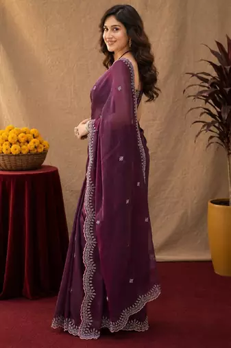 Wine soft shimmer chiffon embroidery work saree with unstitched blouse piece