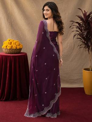 Wine soft shimmer chiffon embroidery work saree with unstitched blouse piece 3