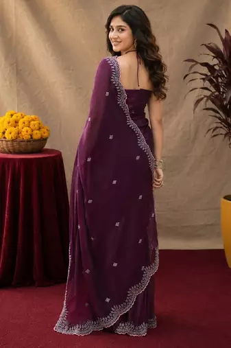 Wine soft shimmer chiffon embroidery work saree with unstitched blouse piece