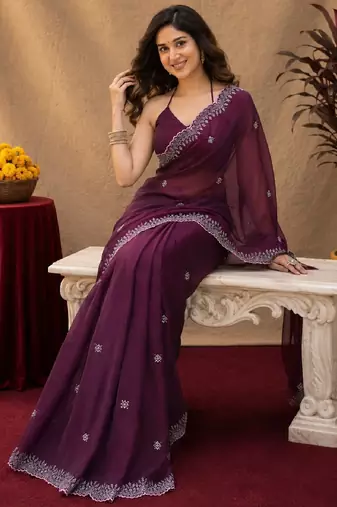 Wine soft shimmer chiffon embroidery work saree with unstitched blouse piece