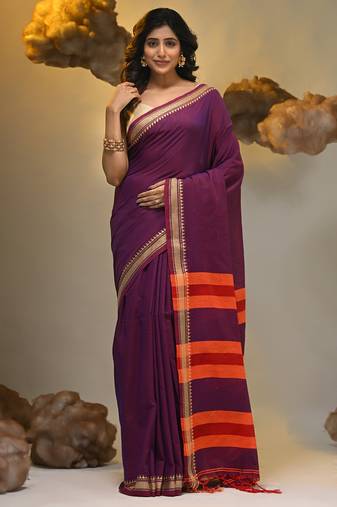 Purple cotton handspun soft saree with texture borders
