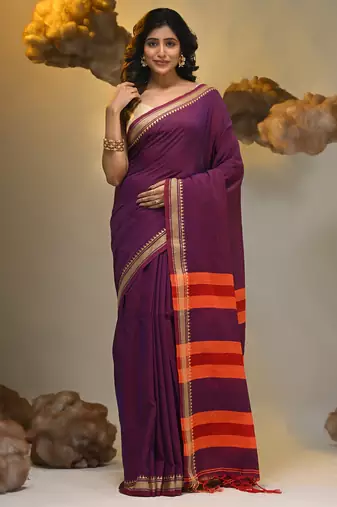 Purple cotton handspun soft saree with texture borders