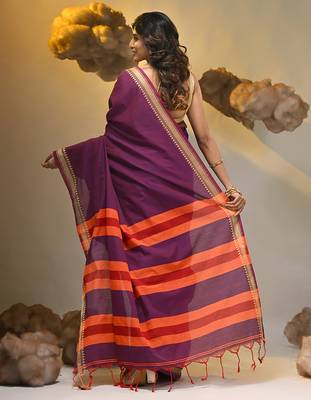 Purple cotton handspun soft saree with texture borders 2