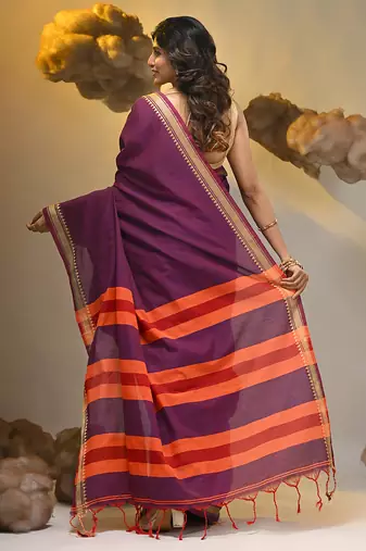Purple cotton handspun soft saree with texture borders