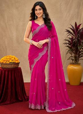 Rani pink soft shimmer chiffon embroidery work saree with unstitched blouse piece 1