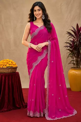 Rani pink soft shimmer chiffon embroidery work saree with unstitched blouse piece