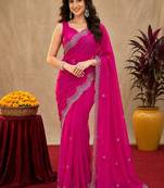 Rani pink soft shimmer chiffon embroidery work saree with unstitched blouse piece