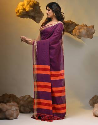 Purple cotton handspun soft saree with texture borders 3