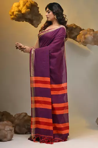 Purple cotton handspun soft saree with texture borders