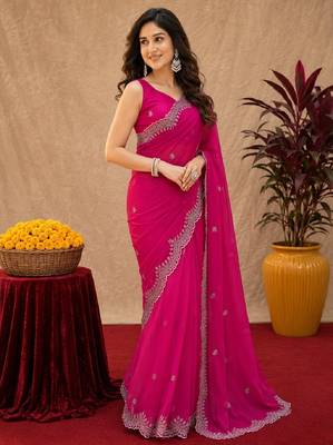Rani pink soft shimmer chiffon embroidery work saree with unstitched blouse piece 2