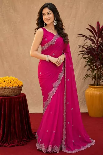 Rani pink soft shimmer chiffon embroidery work saree with unstitched blouse piece