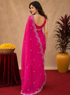 Rani pink soft shimmer chiffon embroidery work saree with unstitched blouse piece 3