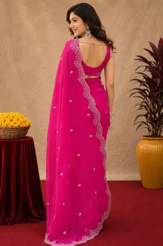 Rani pink soft shimmer chiffon embroidery work saree with unstitched blouse piece