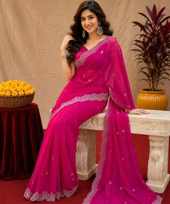 Rani pink soft shimmer chiffon embroidery work saree with unstitched blouse piece 4