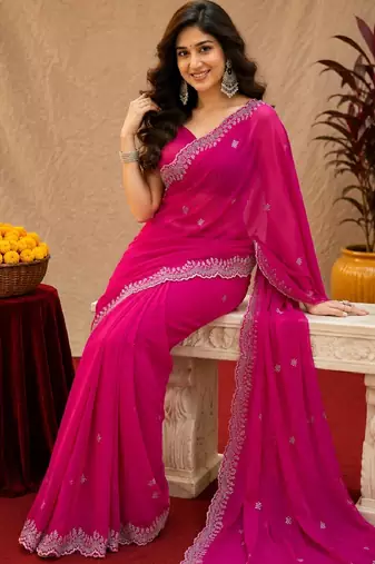 Rani pink soft shimmer chiffon embroidery work saree with unstitched blouse piece