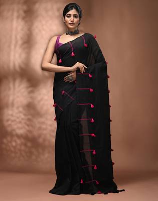 Black cotton soft saree with pompom 1