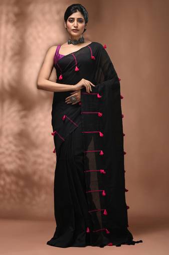 Black cotton soft saree with pompom
