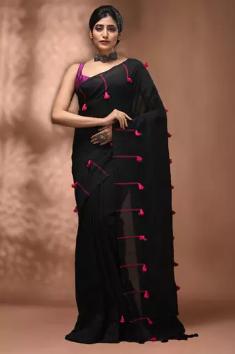 Black cotton soft saree with pompom