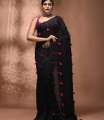 Black cotton soft saree with pompom