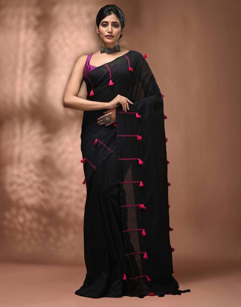 Black cotton soft saree with pompom