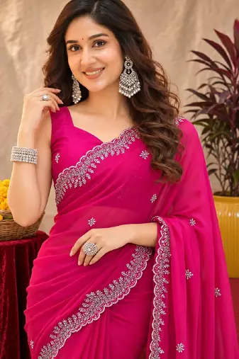 Rani pink soft shimmer chiffon embroidery work saree with unstitched blouse piece