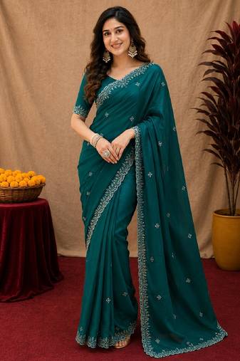 Bottle green soft shimmer chiffon embroidery work saree with unstitched blouse piece