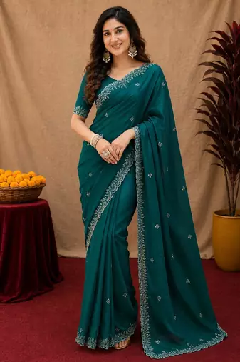 Bottle green soft shimmer chiffon embroidery work saree with unstitched blouse piece