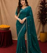 Bottle green soft shimmer chiffon embroidery work saree with unstitched blouse piece