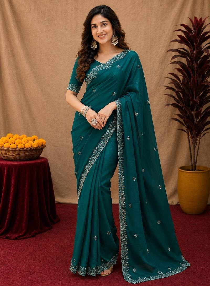 Bottle green soft shimmer chiffon embroidery work saree with unstitched blouse piece