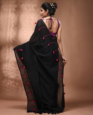 Black cotton soft saree with pompom 2