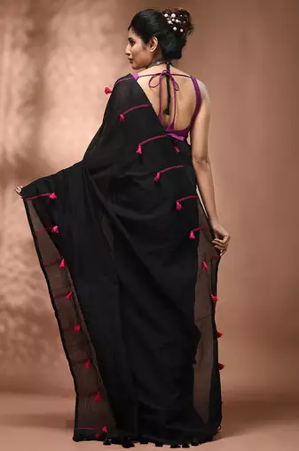 Black cotton soft saree with pompom