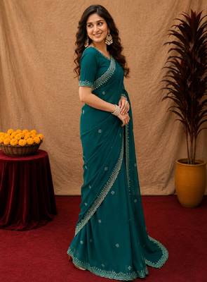 Bottle green soft shimmer chiffon embroidery work saree with unstitched blouse piece 2