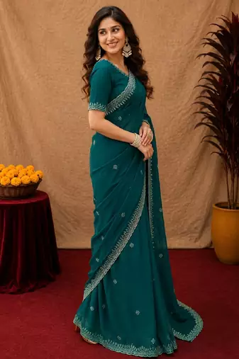 Bottle green soft shimmer chiffon embroidery work saree with unstitched blouse piece