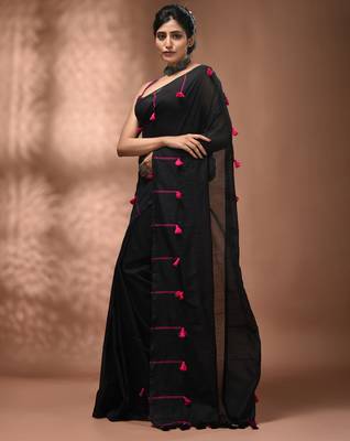 Black cotton soft saree with pompom 3