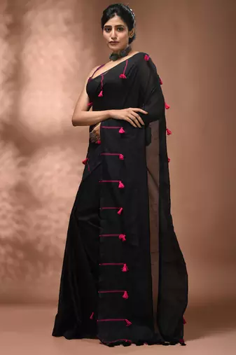 Black cotton soft saree with pompom