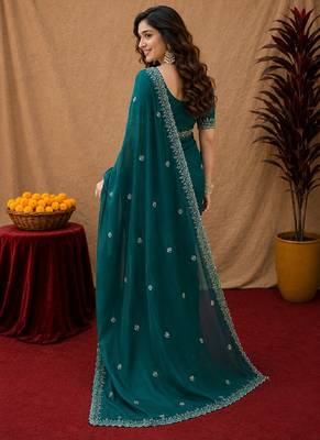 Bottle green soft shimmer chiffon embroidery work saree with unstitched blouse piece 3