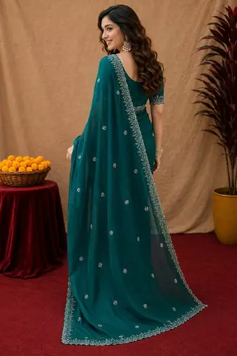 Bottle green soft shimmer chiffon embroidery work saree with unstitched blouse piece