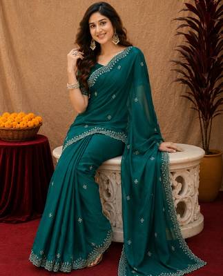 Bottle green soft shimmer chiffon embroidery work saree with unstitched blouse piece 4