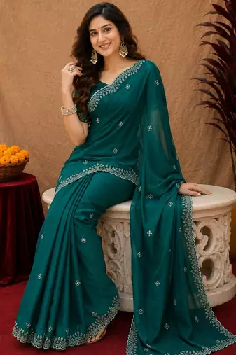 Bottle green soft shimmer chiffon embroidery work saree with unstitched blouse piece