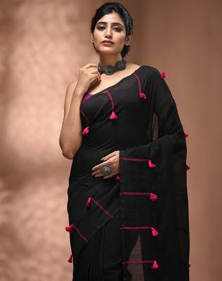 Black cotton soft saree with pompom 5