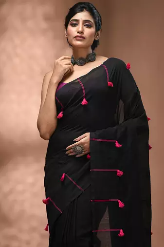 Black cotton soft saree with pompom