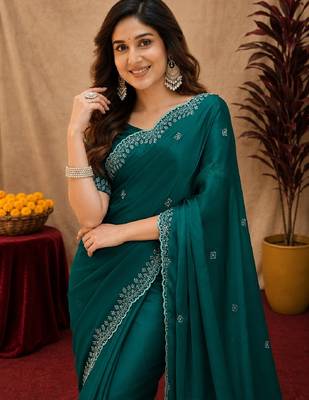 Bottle green soft shimmer chiffon embroidery work saree with unstitched blouse piece 5