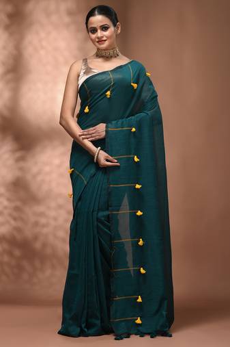 Teal cotton soft saree with pompom